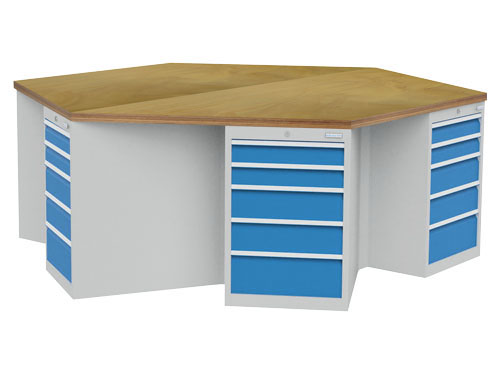 6-Eck-Werkbank, Breite 2500mm, 6 x Schubladenschrank R 18-24 6-Eck-Werkbank, Breite 2500mm, 6 x Schubladenschrank R 18-24